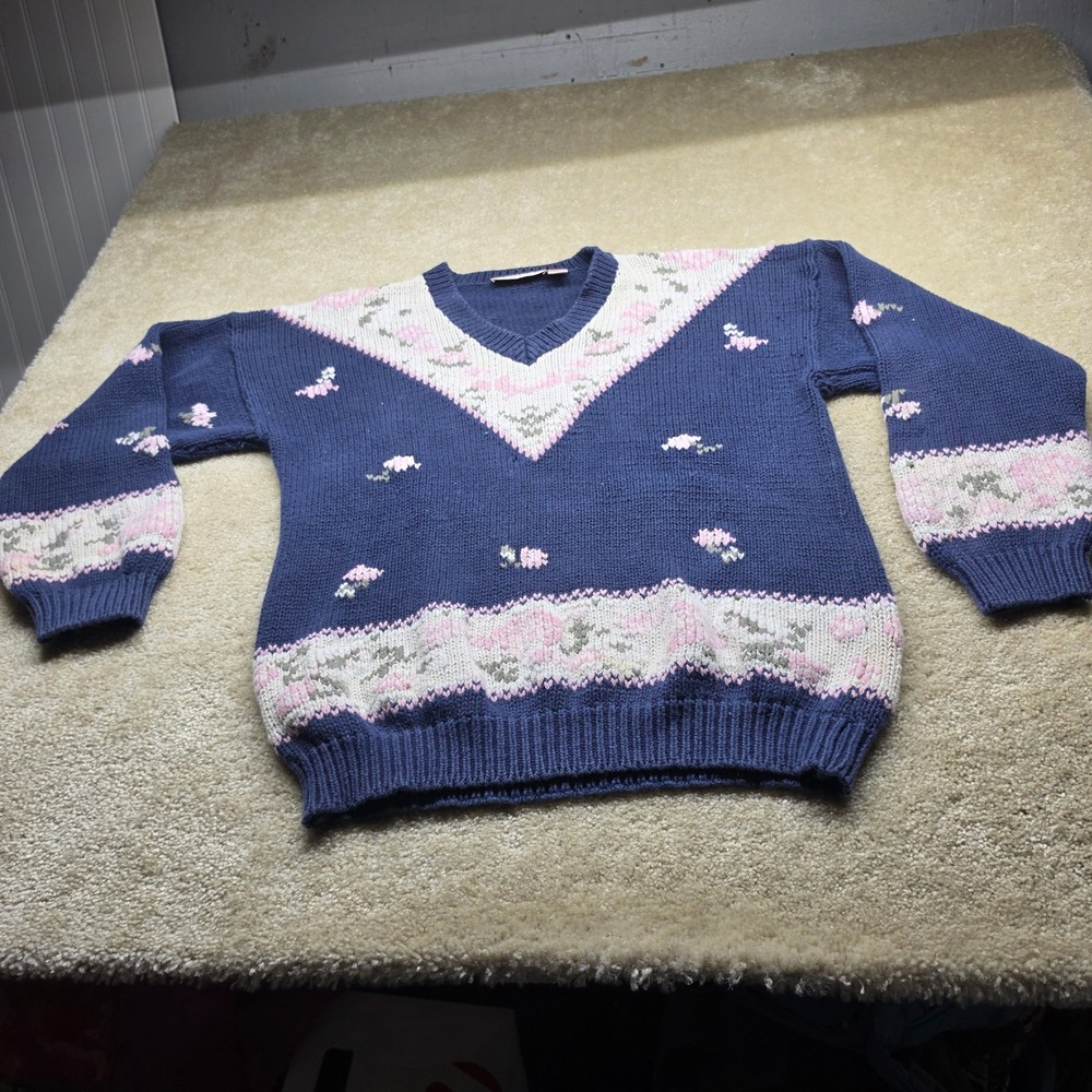 Venezia Vintage Floral Knit Sweater Navy Blue Pink V-Neck Ramie Cotton Sz 18/20